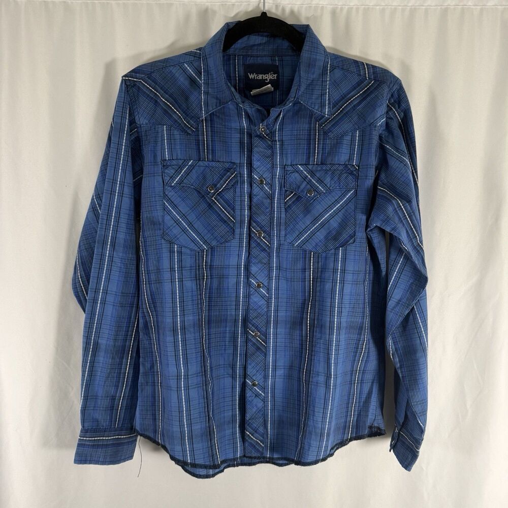 Wrangler Pearl Snap Shirt Boys XL Blue Plaid Woven Button Up Long Sleeve Collare